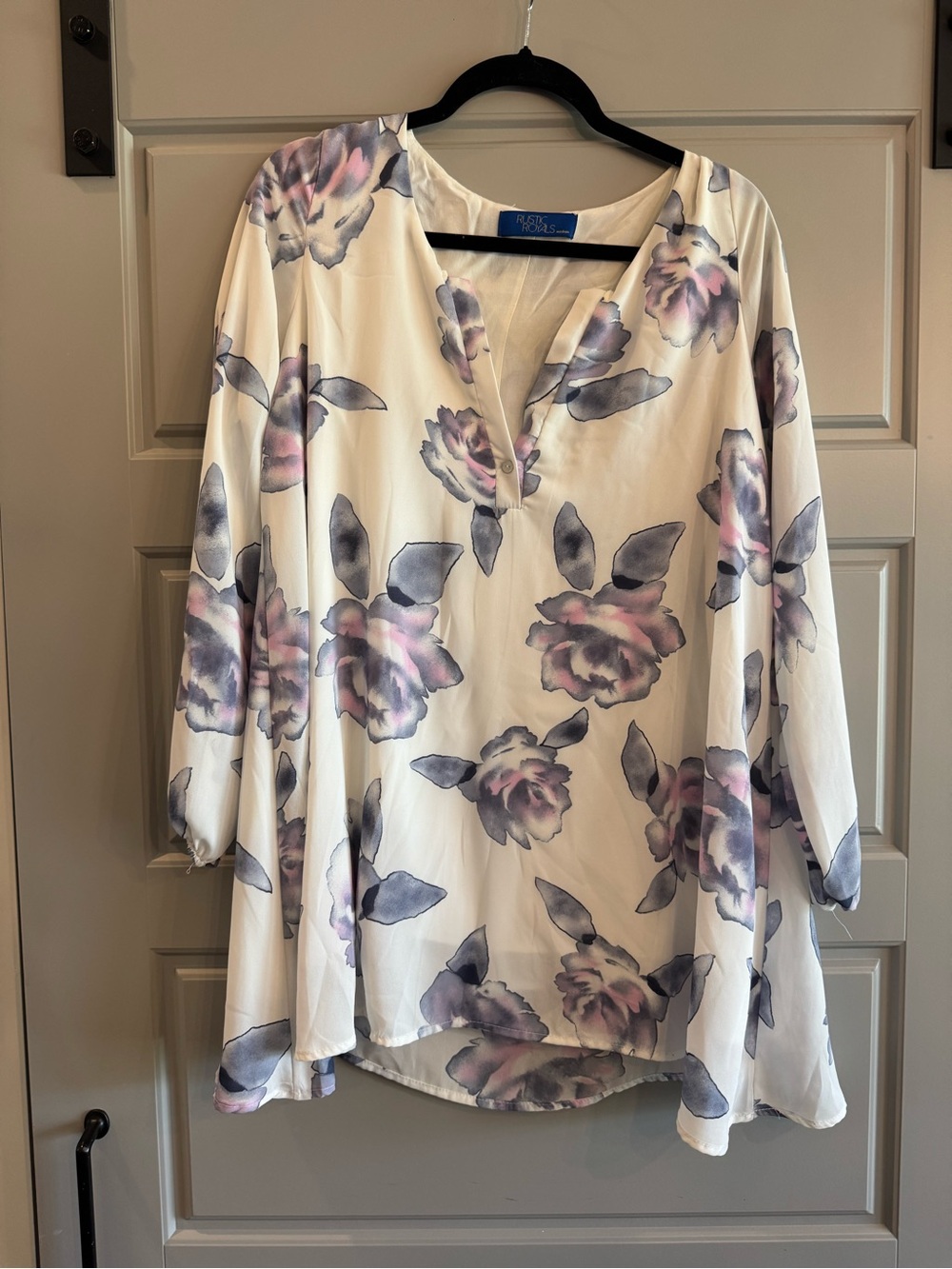 Floral Split-Neck Blouse in White with Purple Accents - Women's